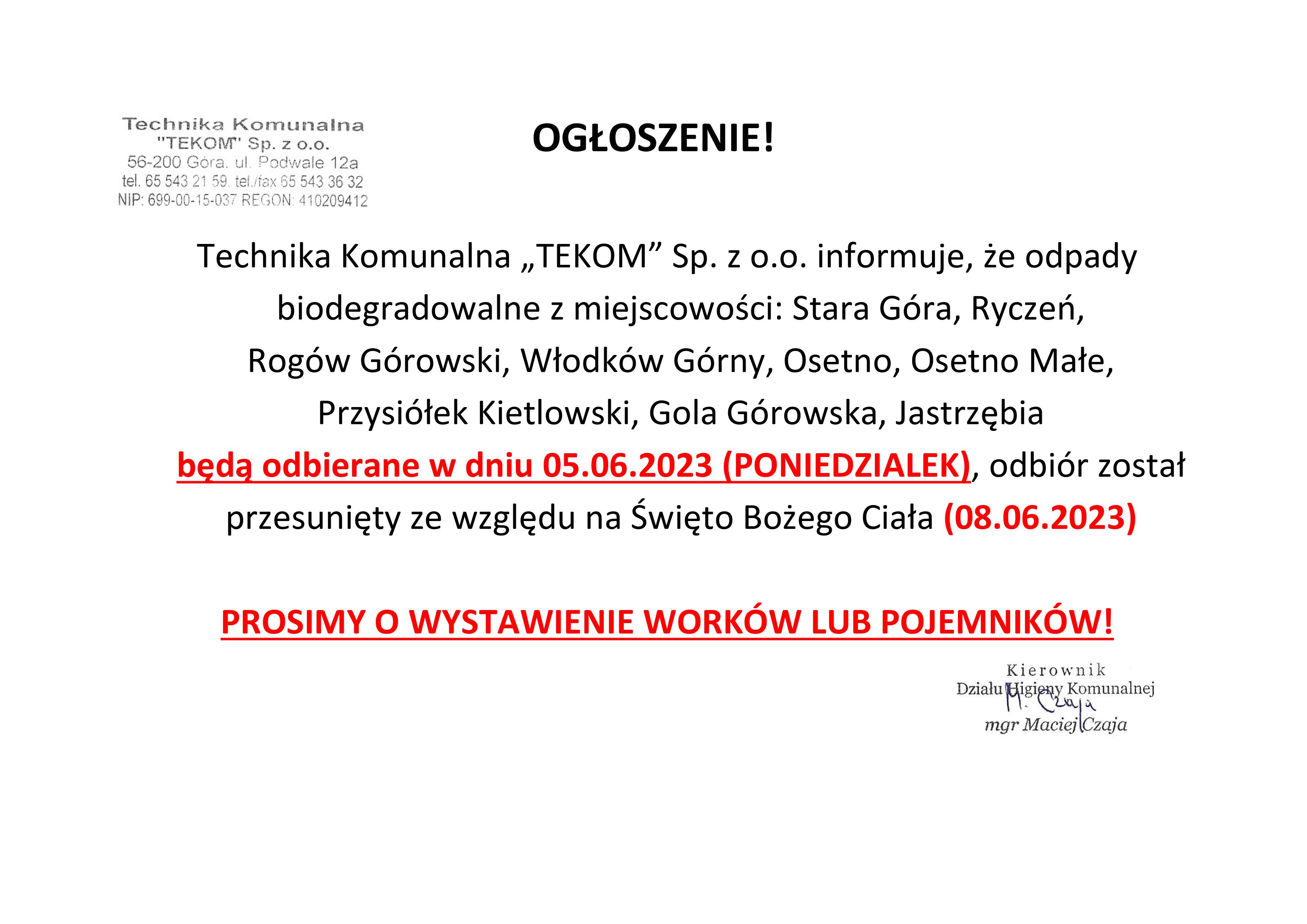 OGŁOSZENIE_zmiana_terminu_wywozu_odpad&oacute;w_BIODEGRADOWALNYCH_Boże_Ciało_2023