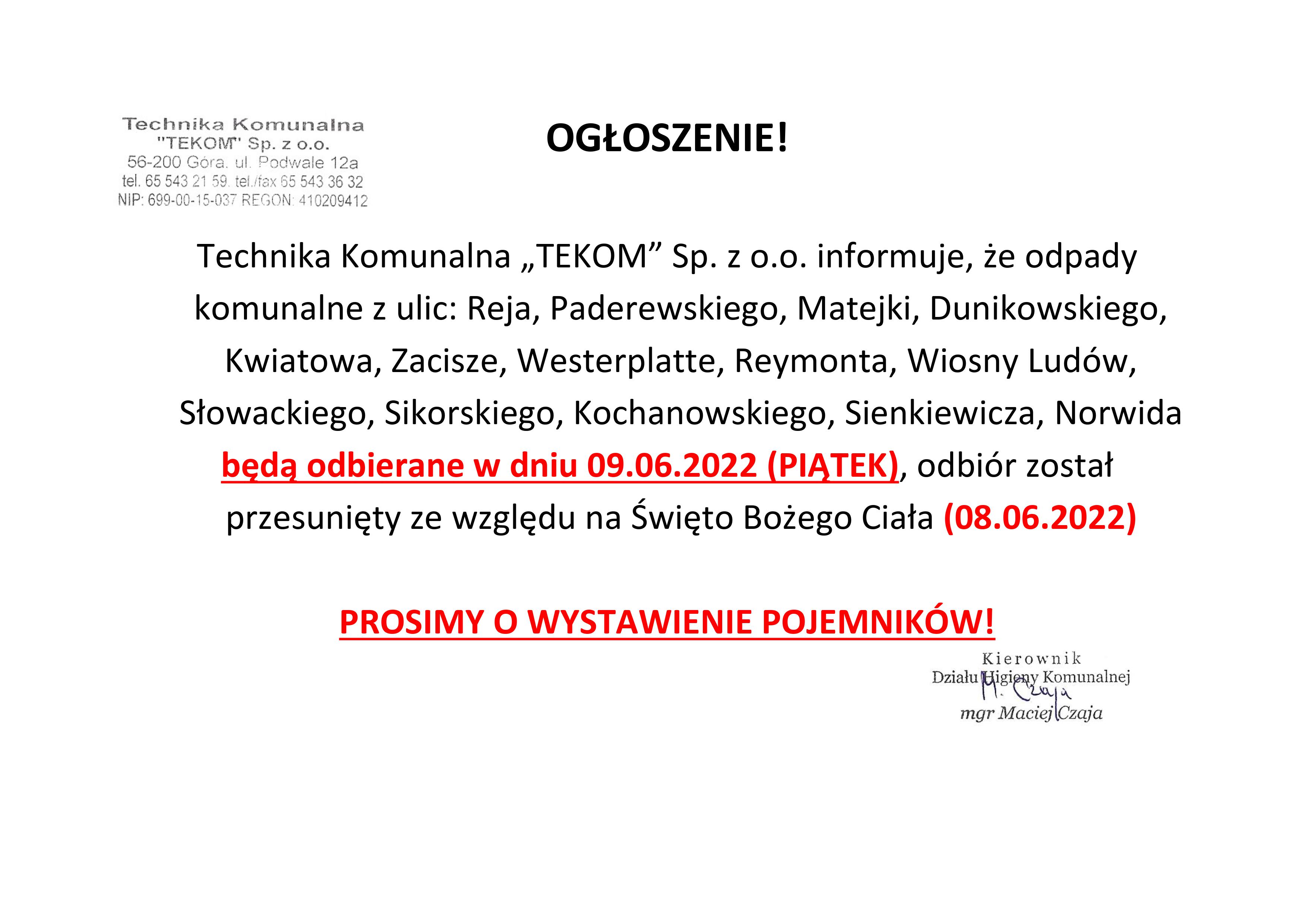 OGŁOSZENIE_zmiana_terminu_wywozu_odpad&oacute;w_Boże_Ciało_2023