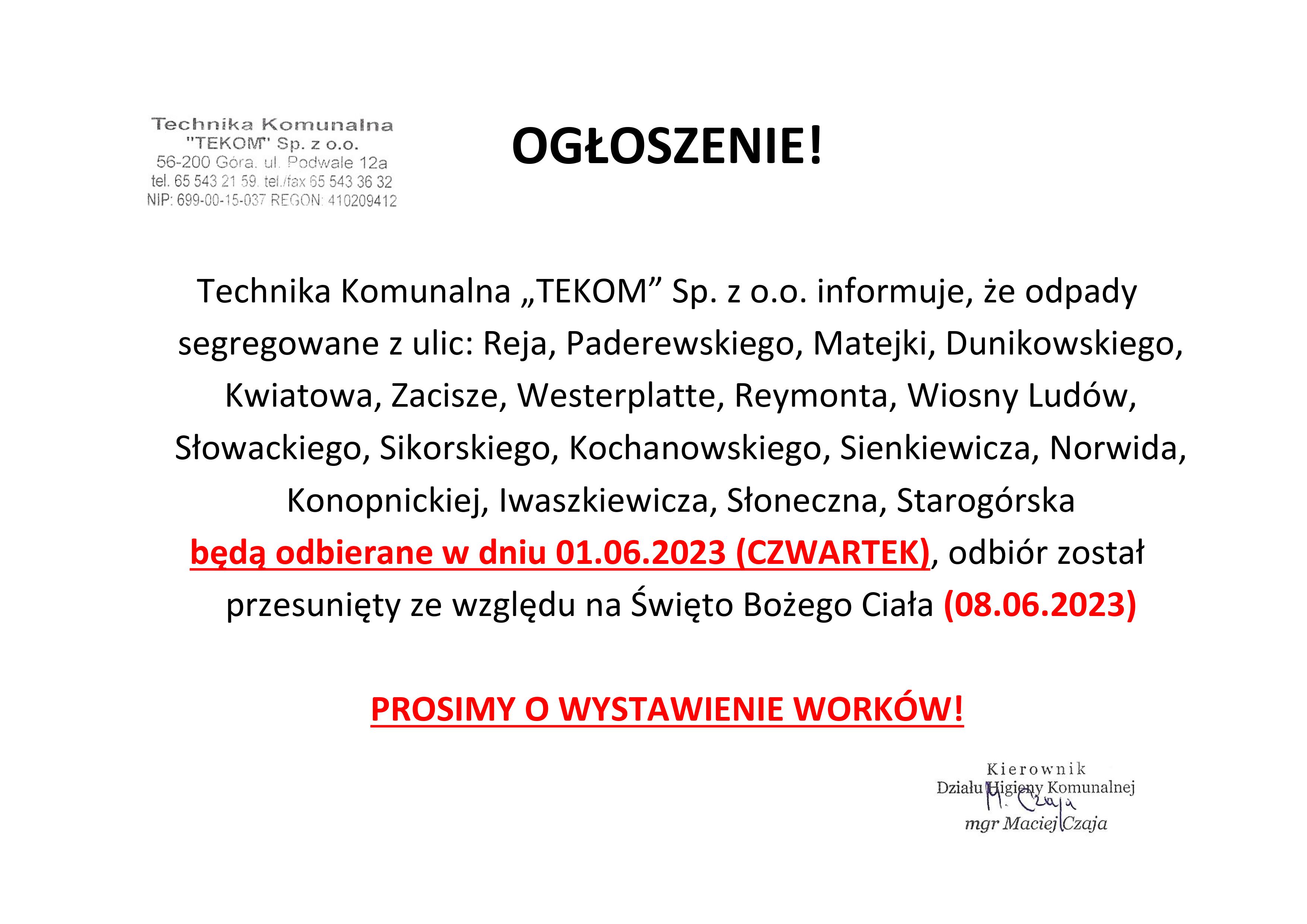 OGŁOSZENIE_zmiana_terminu_wywozu_odpad&oacute;w_selektywnych_Boże_Ciało_2023