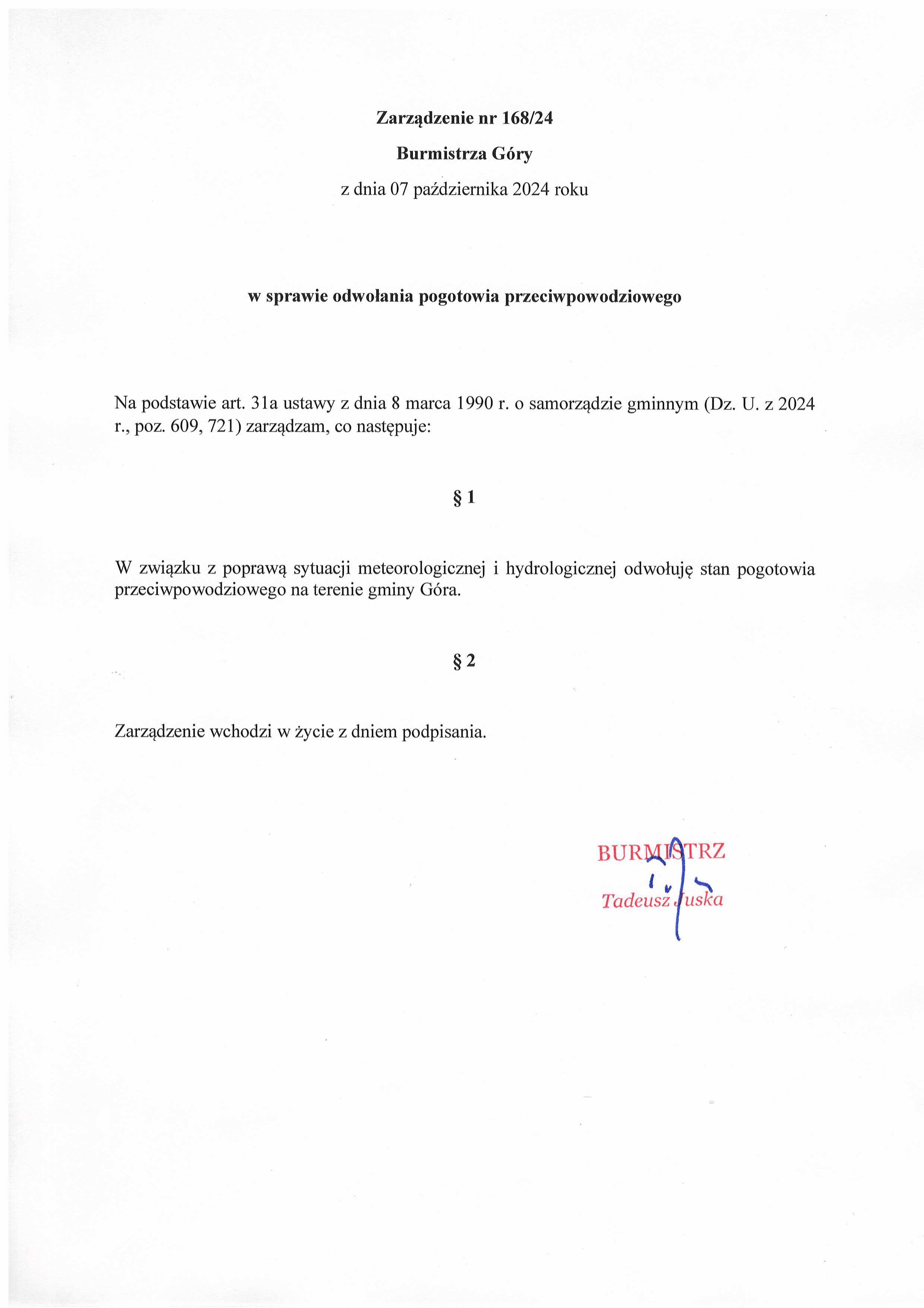 Zarządzenie_Burmistrza_G&oacute;ry_w_sprawie_odwołania_pogotowia_przeciwpowodziowego