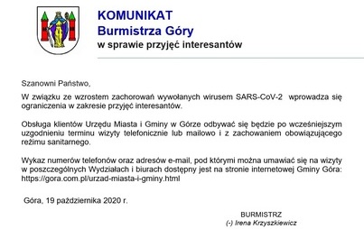 Zdjęcie do Komunikat Burmistrza G&oacute;ry w sprawie przyjęć interesant&oacute;w