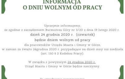 Zdjęcie do W Wigilię - 24 grudnia Urząd Miasta i Gminy w G&oacute;rze będzie nieczynny